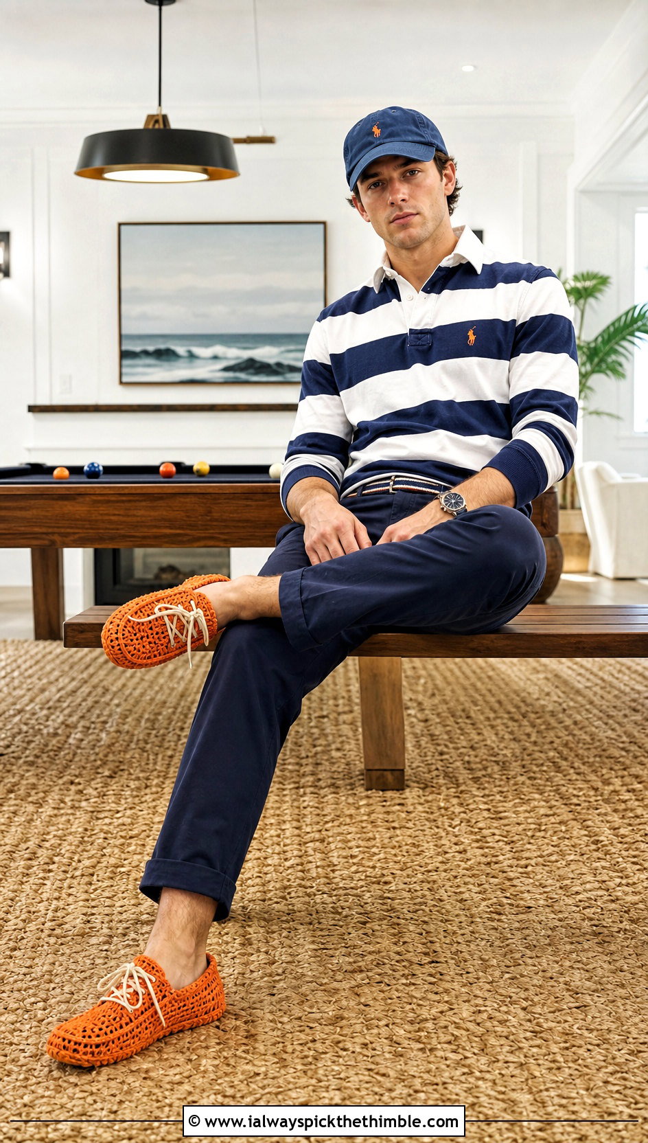 Lace Up Crochet Slippers With Rugby Shirt And Khakis - 20 crochet slippers for men outfit ideas
