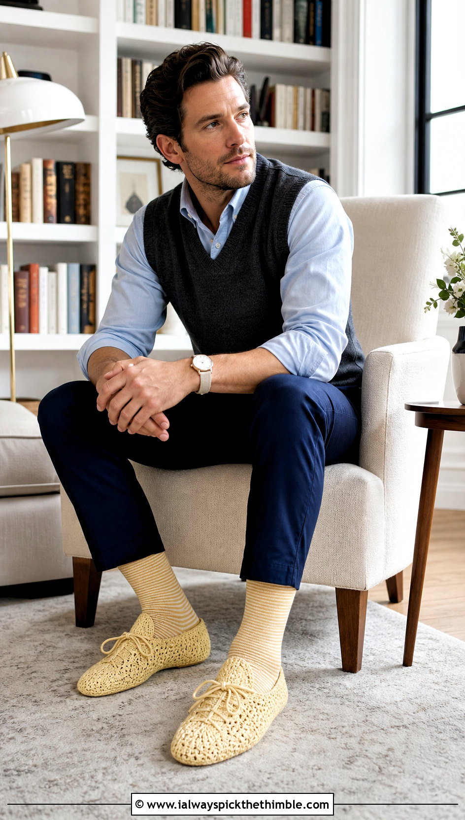 Lace Up Crochet Slippers With Sweater Vest - 25 mens crochet slippers outfit ideas