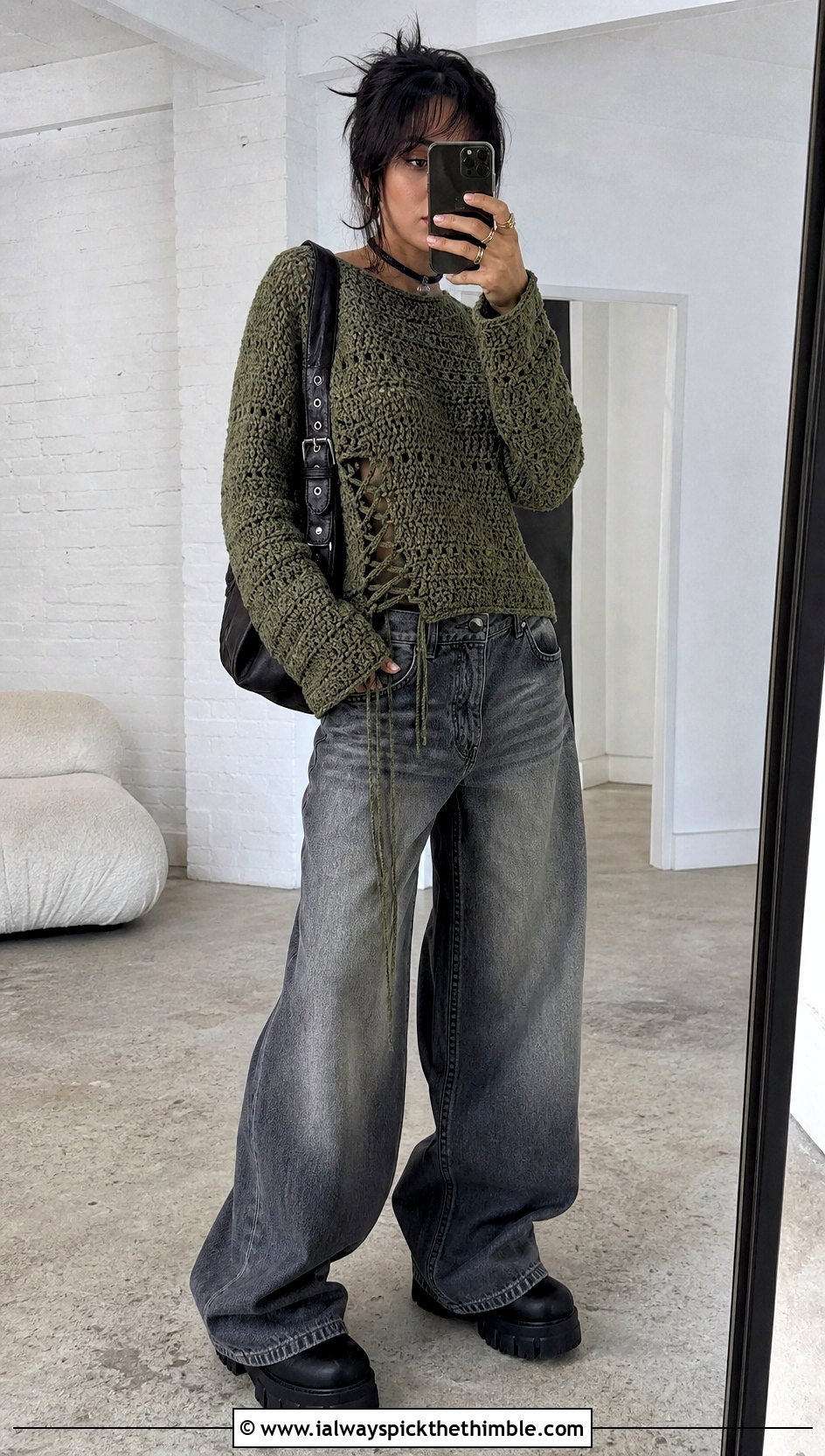 Lace Up Crochet Sweater With Wide Leg Jeans - 20 alt crochet sweater outfit ideas