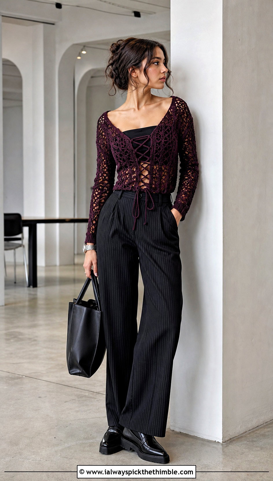 Lace Up Crochet Top With Pinstripe Trousers - 20 emo crochet top outfit ideas