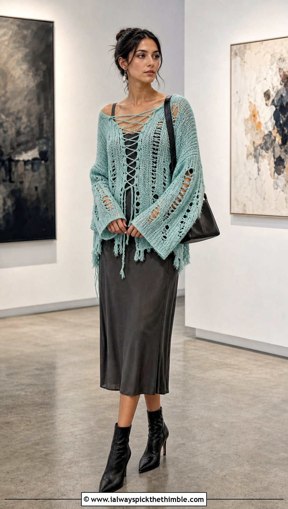 Lace Up Distressed Crochet Sweater Over A Slip Dress - 25 distressed crochet sweater outfit ideas