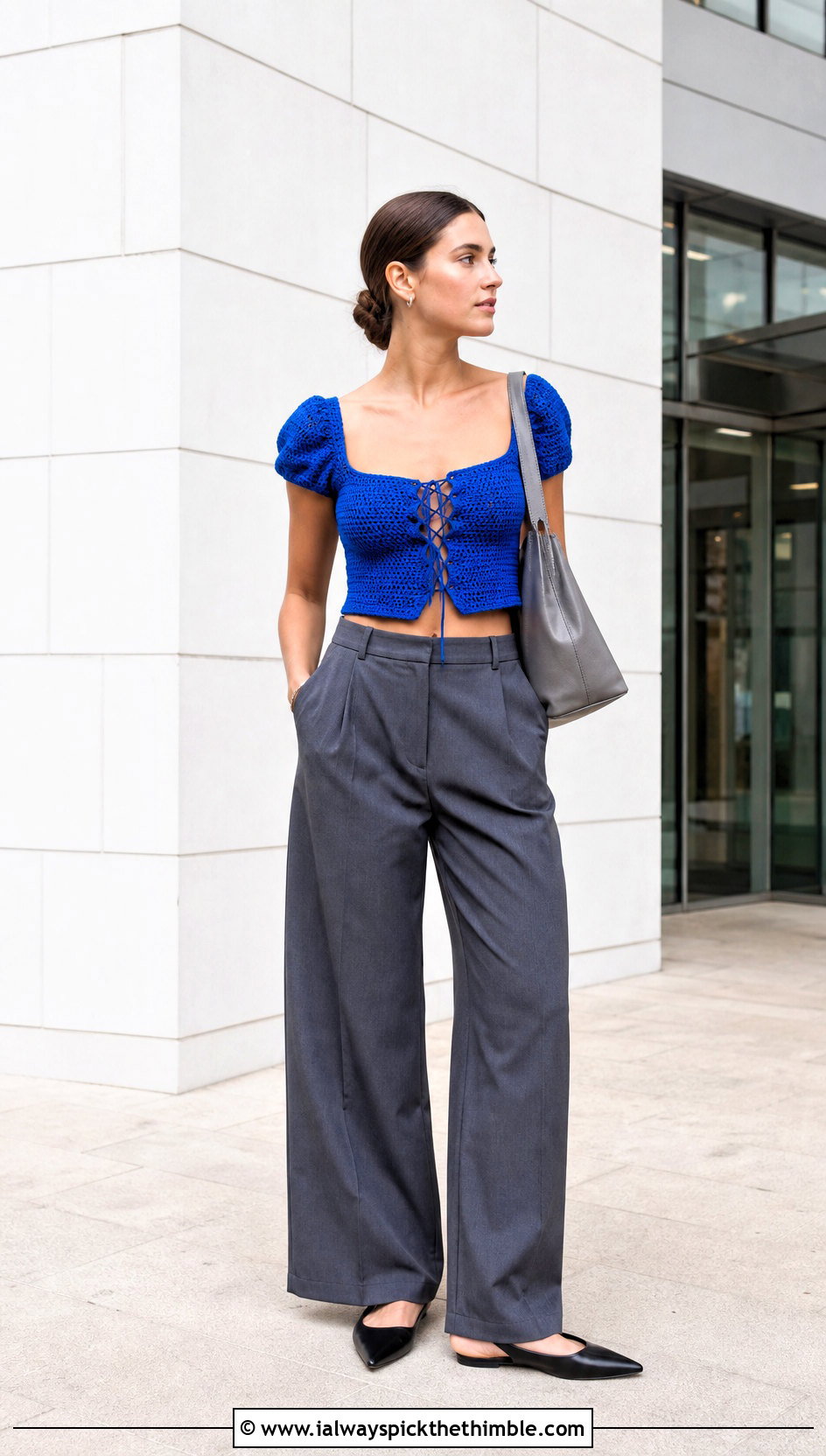 Lace Up Milkmaid Crochet Top With Tailored Trousers - 20 milkmaid crochet top outfit ideas