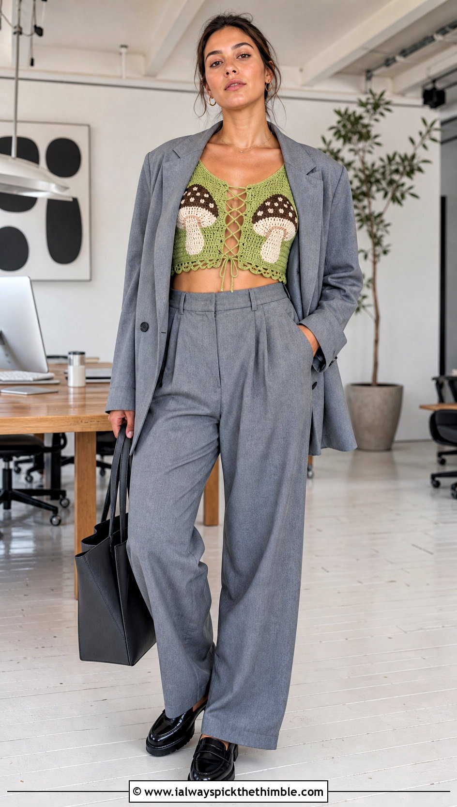 Lace Up Mushroom Crochet Crop Top With Tailored Suit - 15 Crochet Mushroom Crop Top outfit ideas
