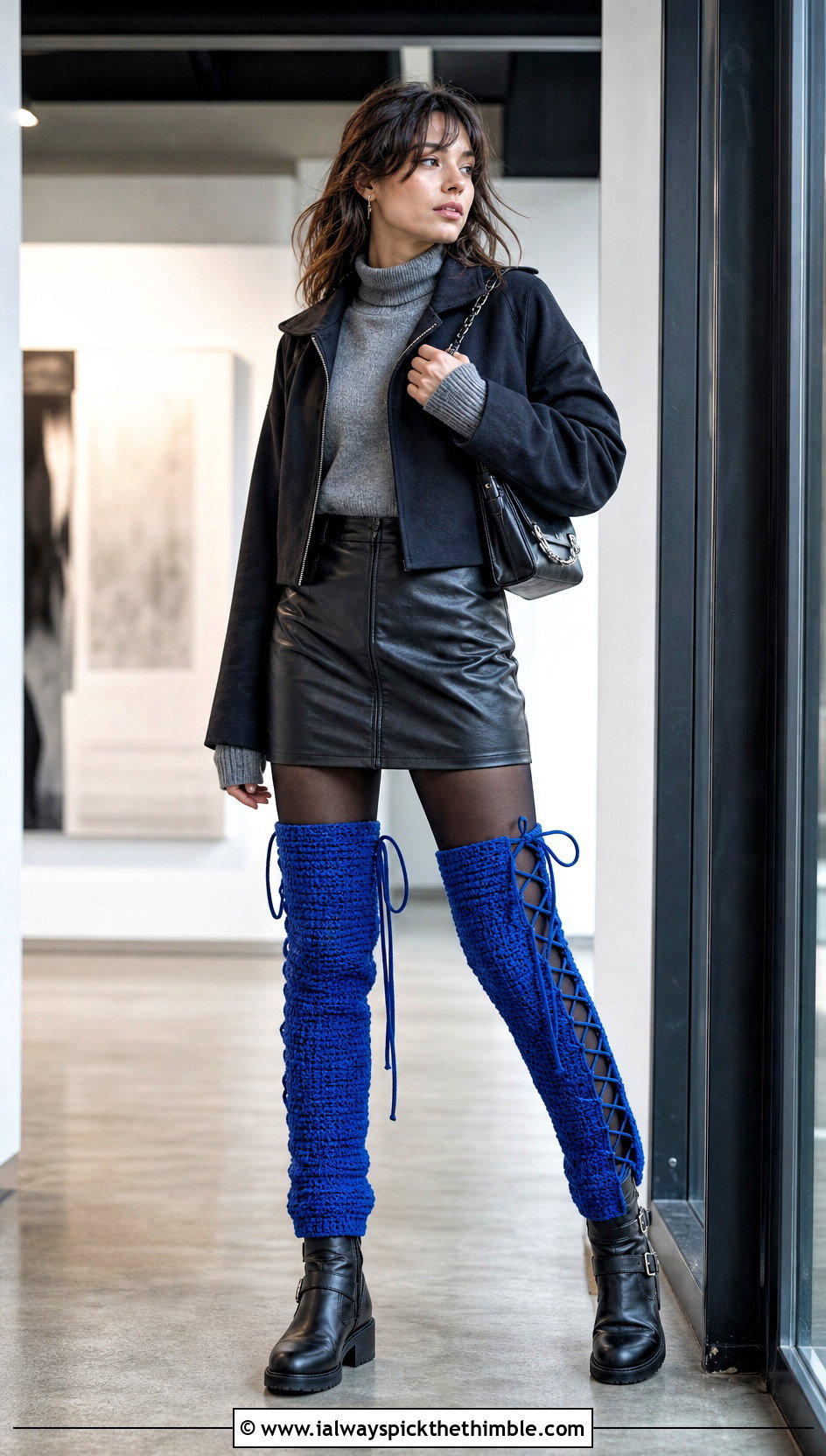 Lace Up Thigh High Crochet Leg Warmers With Leather Skirt - 20 Thigh High Crochet Leg Warmers outfit ideas