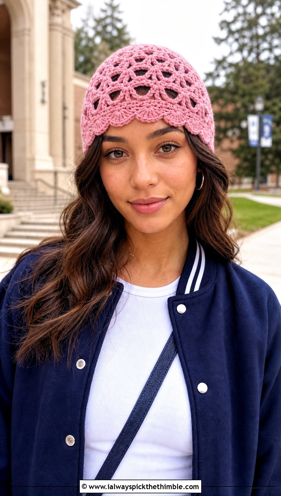 Lace Wave Crochet Beanie With Varsity Jacket - 20 Wavy Crochet Beanie outfit ideas