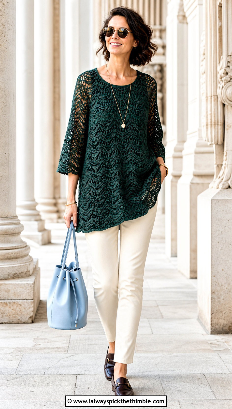 Lace Wave Crochet Tunic Top With Slim Pants - 20 wave crochet top outfit ideas