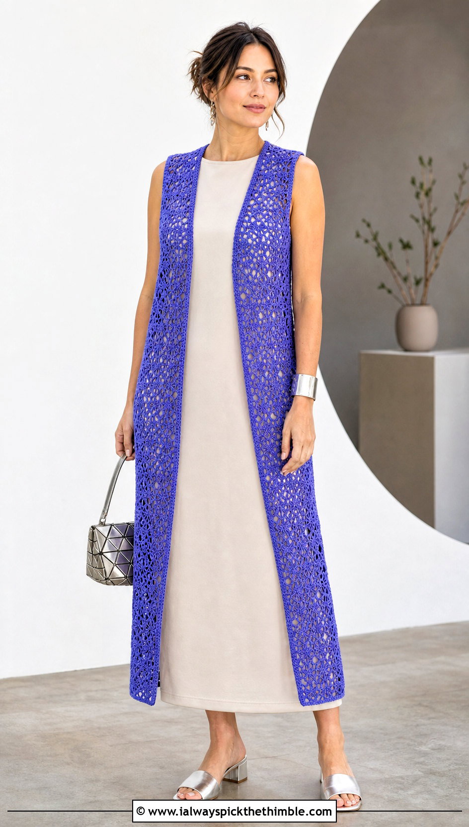 Lace Weight Crochet Open Front Vest With Column Dress - 20 crochet open front vest outfit ideas