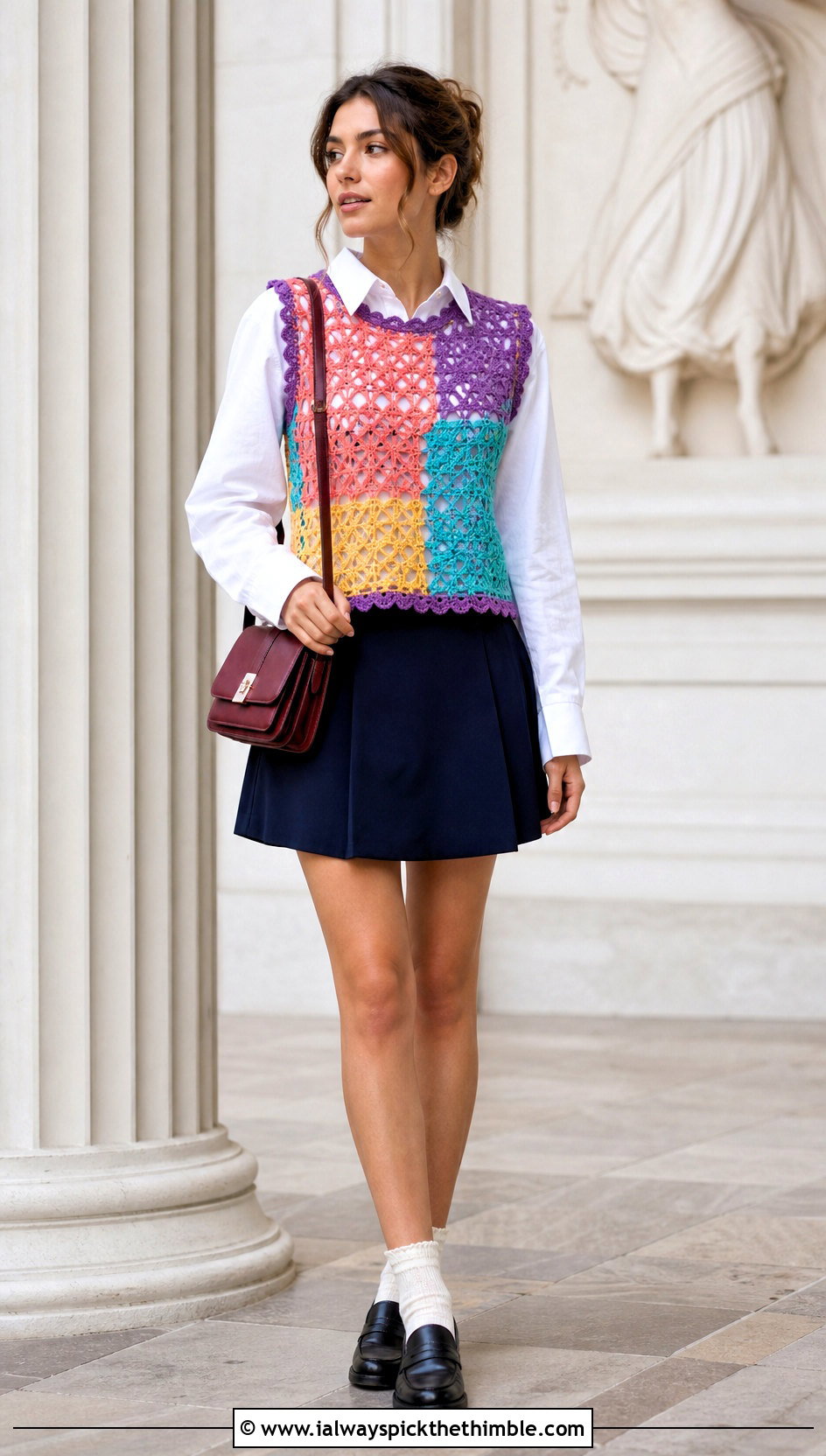 Lace Weight Crochet Sweater Vest With Poplin Shirt And Mini Skirt - 15 Lace Weight Crochet Sweater outfit ideas