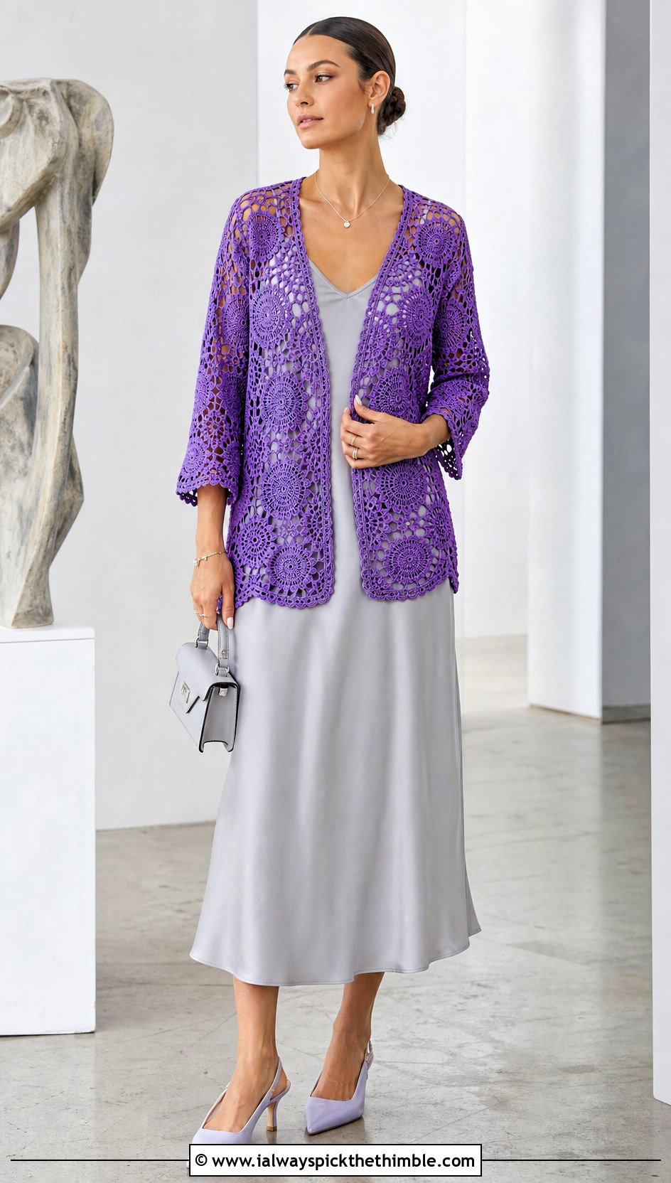 Lace Wheel Circle Crochet Cardigan With Slip Dress - 20 circle crochet cardigan outfit ideas