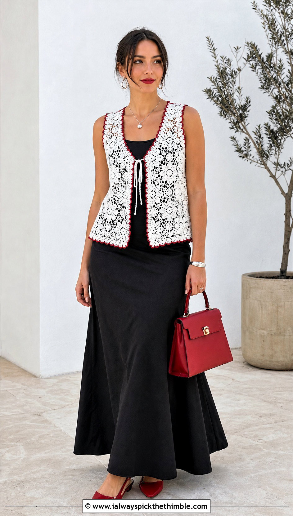 Lace White Crochet Vest With a Black Maxi Skirt - 25 white crochet vest outfit ideas