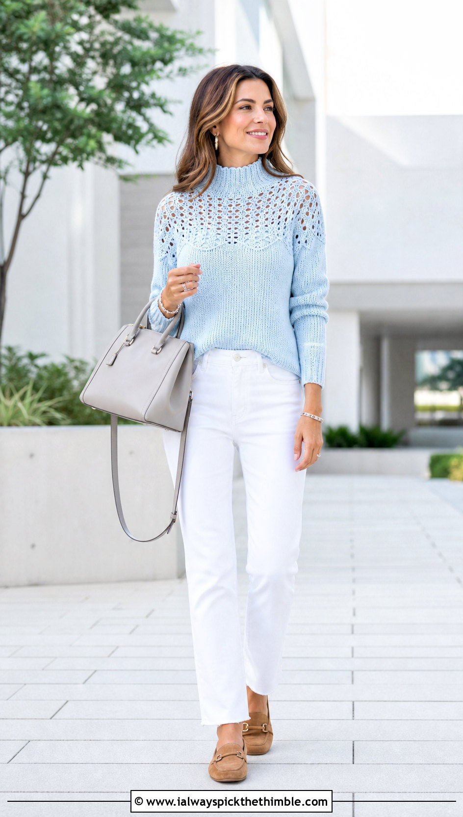Lace Yoke Crochet Mock Neck Sweater With White Jeans - 20 Crochet Mock Neck Sweater outfit ideas