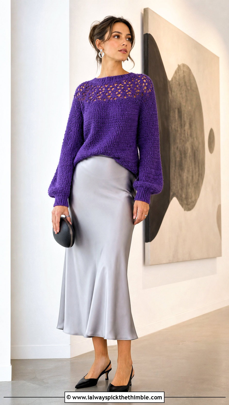 Lace Yoke Crochet Sweater With Satin Midi Skirt - 20 Round Yoke Crochet Sweater outfit ideas