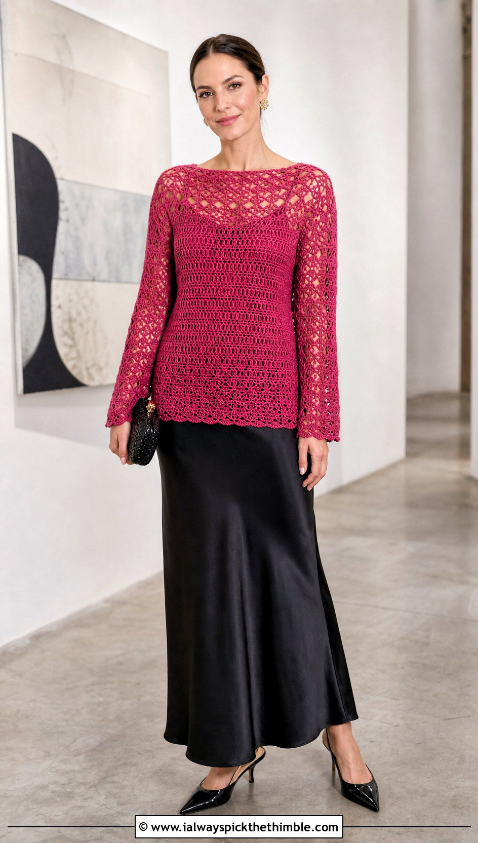 Lace Yoke Crochet Sweater With Satin Slip Skirt - 25 top down crochet sweater outfit ideas