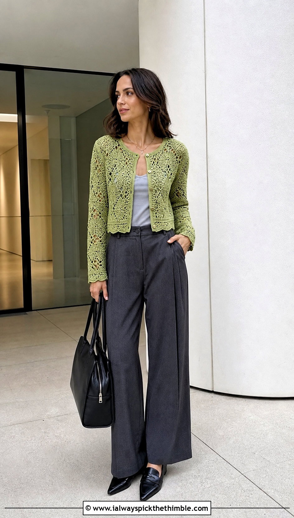 Lace Yoke Cropped Cardigan With Tailored Trousers - 20 Crochet Yoke Cardigan outfit ideas