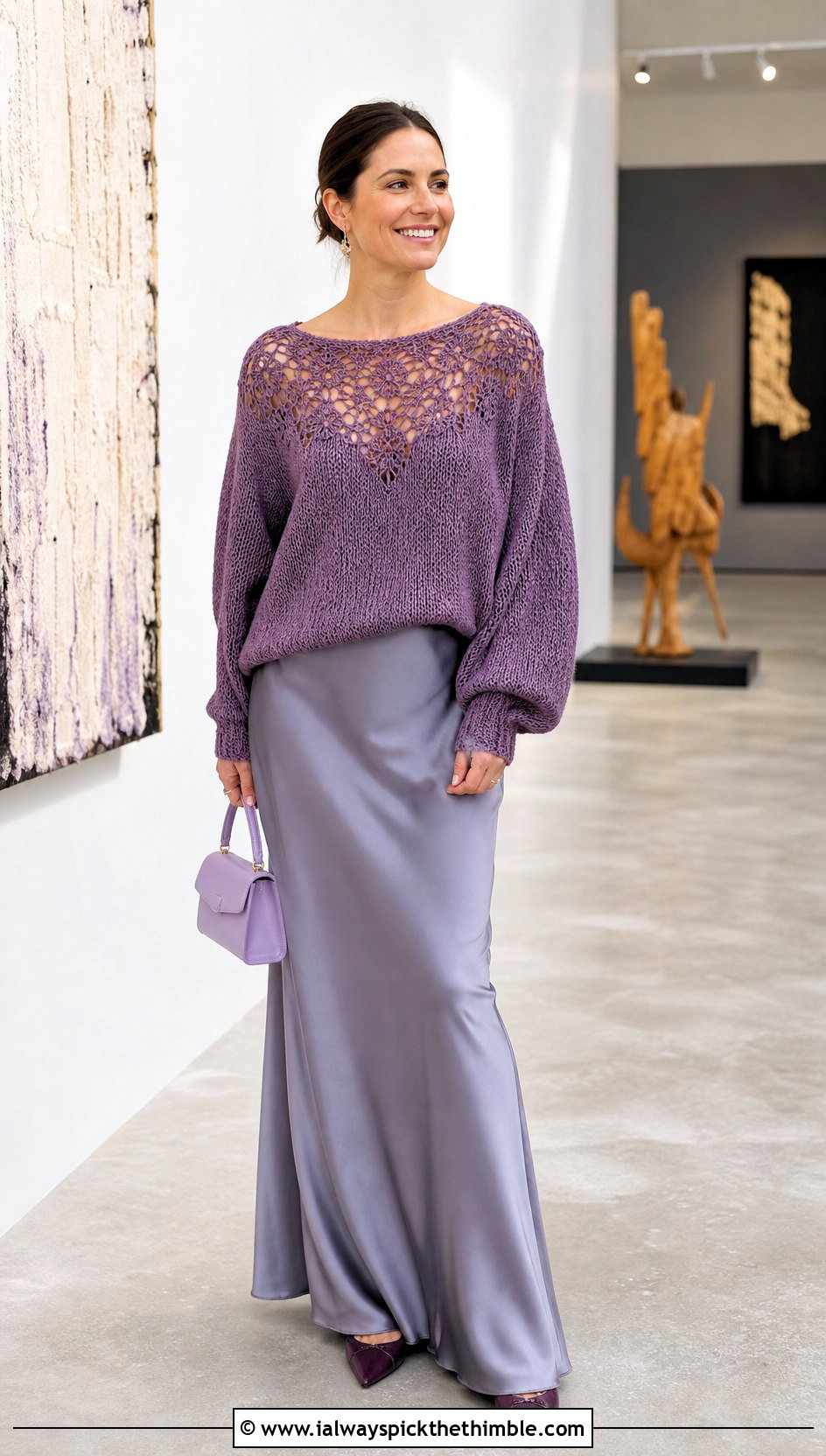 Lace Yoke Oversized Crochet Sweater With Satin Maxi Skirt - 25 crochet oversized sweater outfit ideas