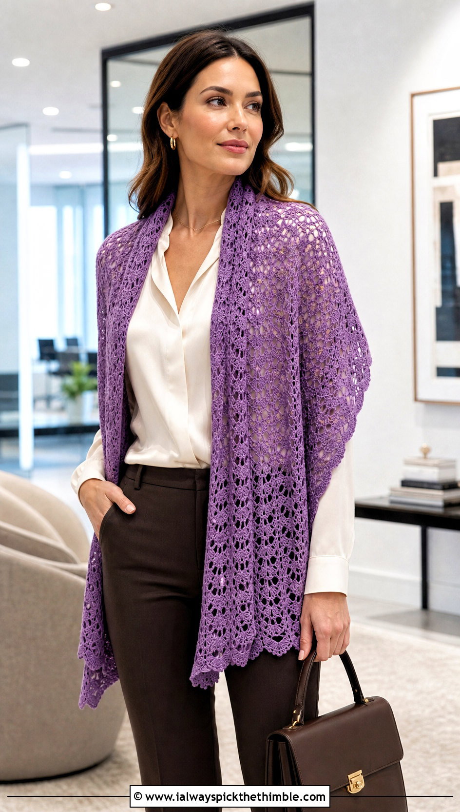 Laceweight Crochet Stole With Blouse And Cigarette Pants - 25 lacy crochet shawl outfit ideas