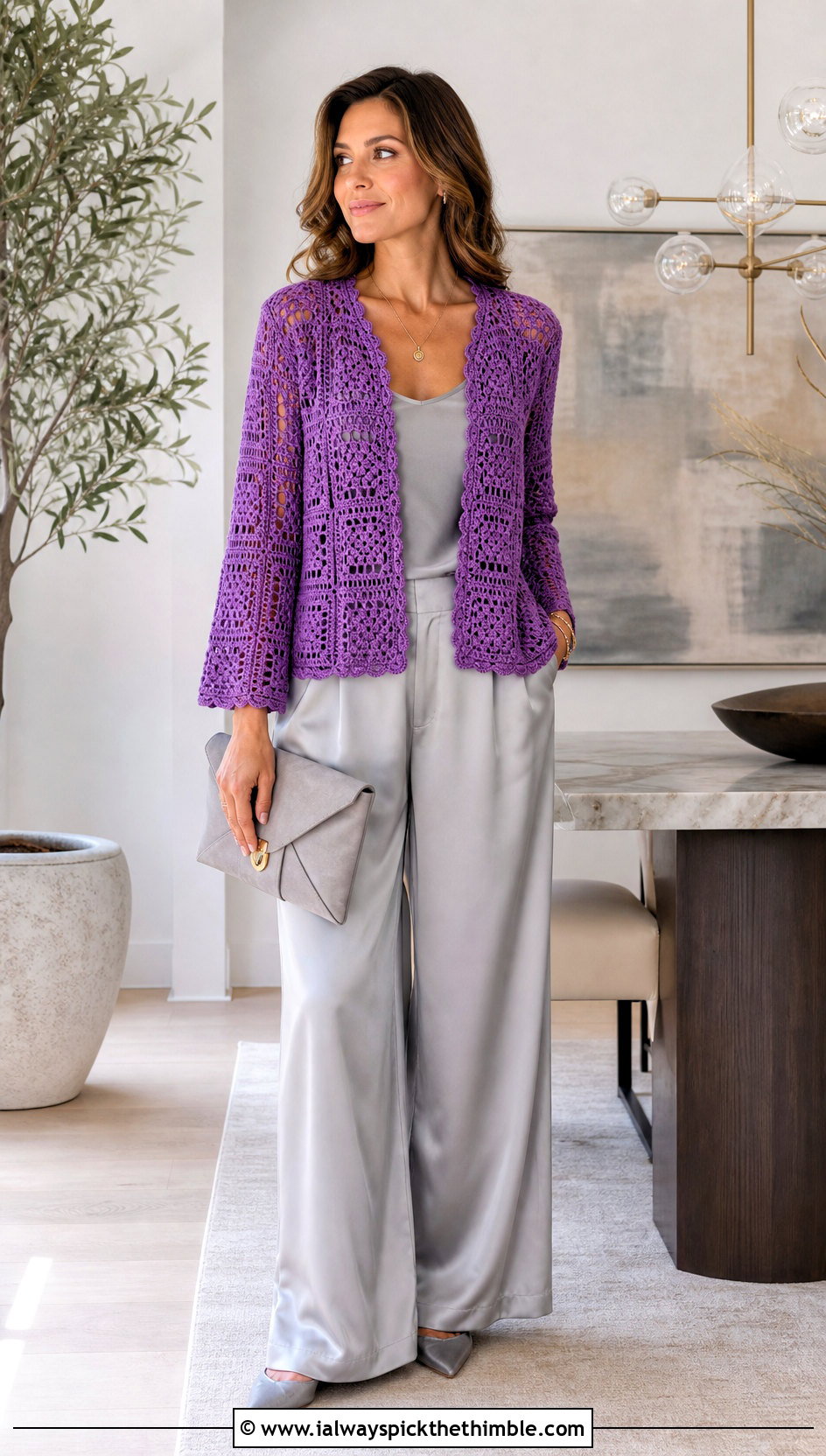 Laceweight Granny Square Cardigan With Satin Pants - 20 Crochet Fall Granny Square Cardigan outfit ideas