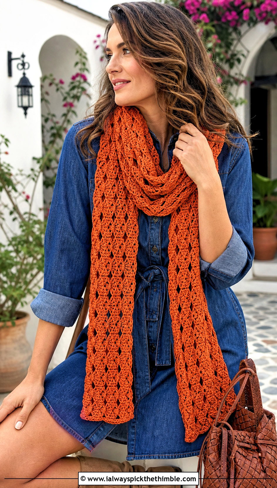 Lacy Crochet Scarf With Denim Shirt Dress - 20 denim and crochet scarf outfit ideas