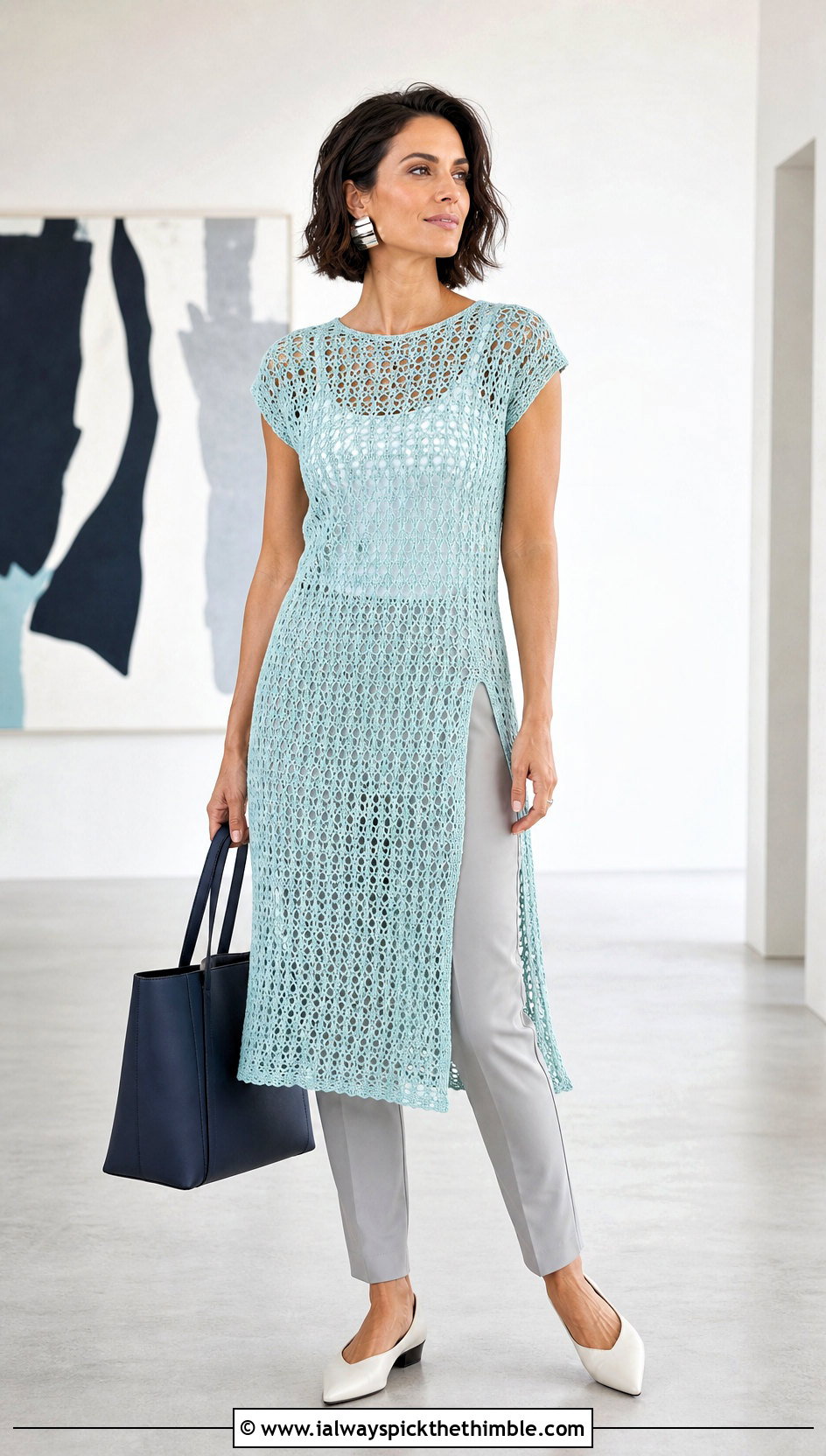 Lacy Crochet Tunic Dress With Tailored Pants - 15 lacy crochet dress design outfit ideas