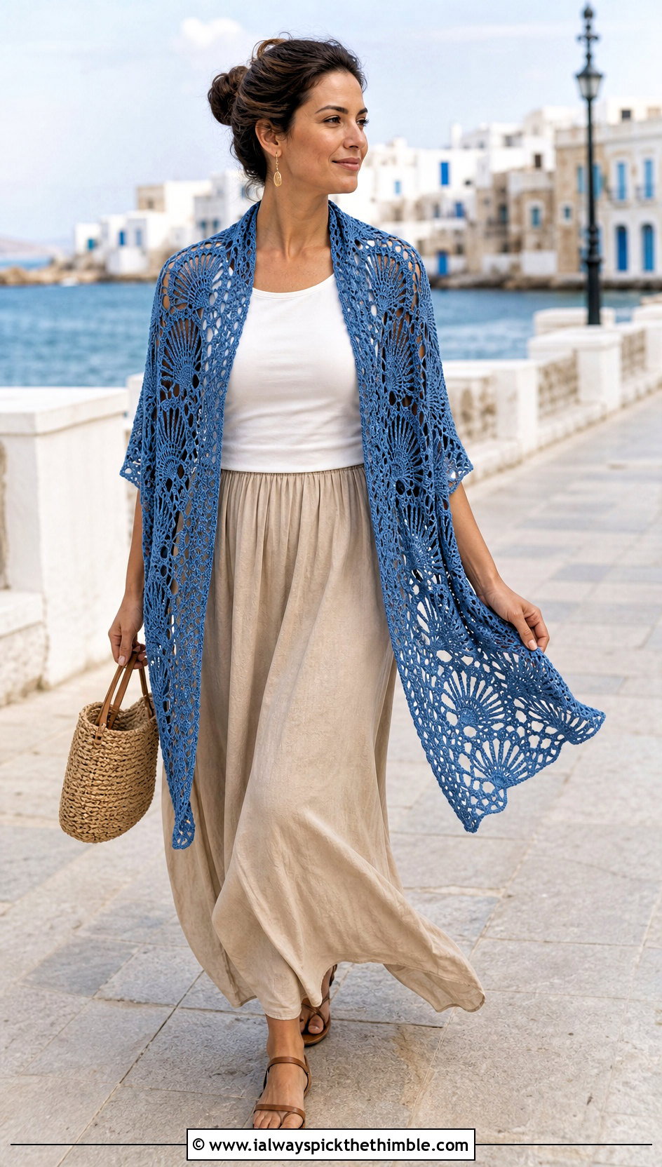 Lacy Fan Rectangle Crochet Shawl With Maxi Skirt - 20 Easy Crochet Rectangle Shawl outfit ideas