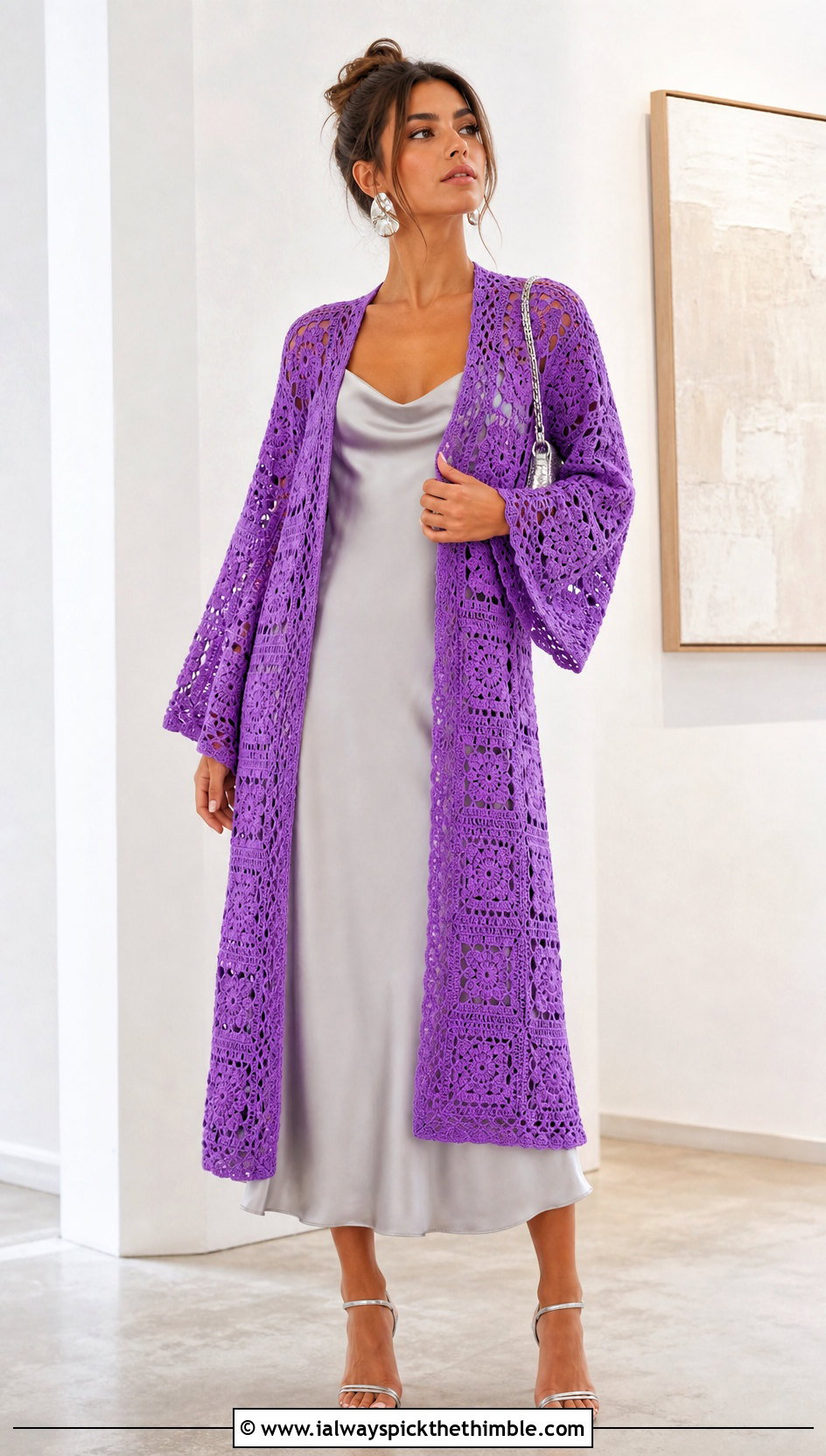 Lacy Granny Square Kimono With Satin Slip Dress - 15 crochet granny square kimono outfit ideas