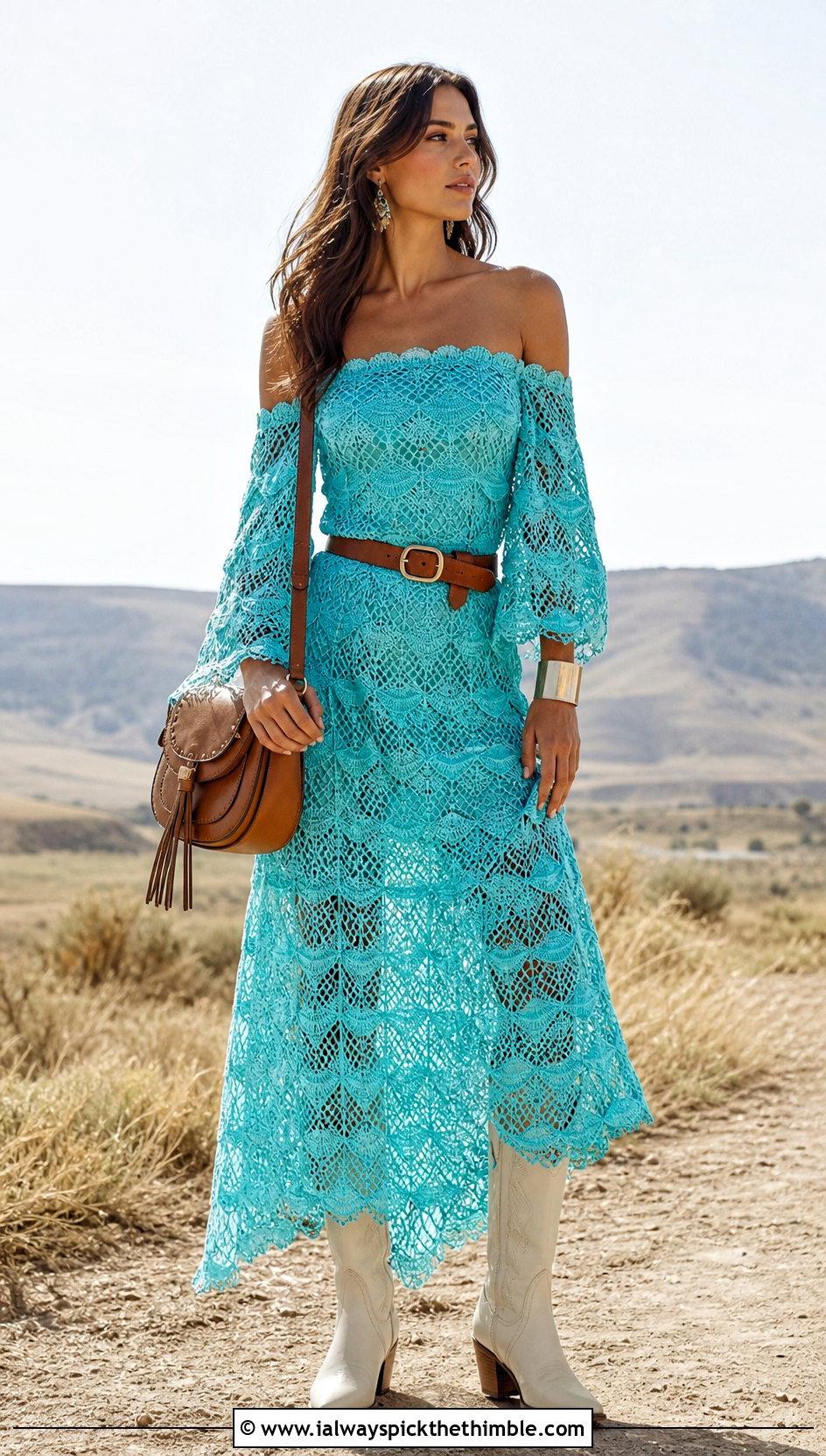 Lacy Off Shoulder Crochet Dress With Western Boots - 15 lacy crochet dress design outfit ideas