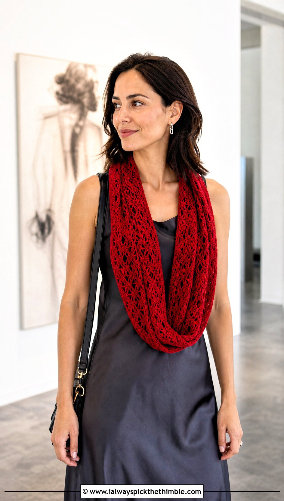 Lacy One Skein Crochet Infinity Scarf With Satin Midi Dress - 15 One Skein Crochet Infinity Scarf outfit ideas