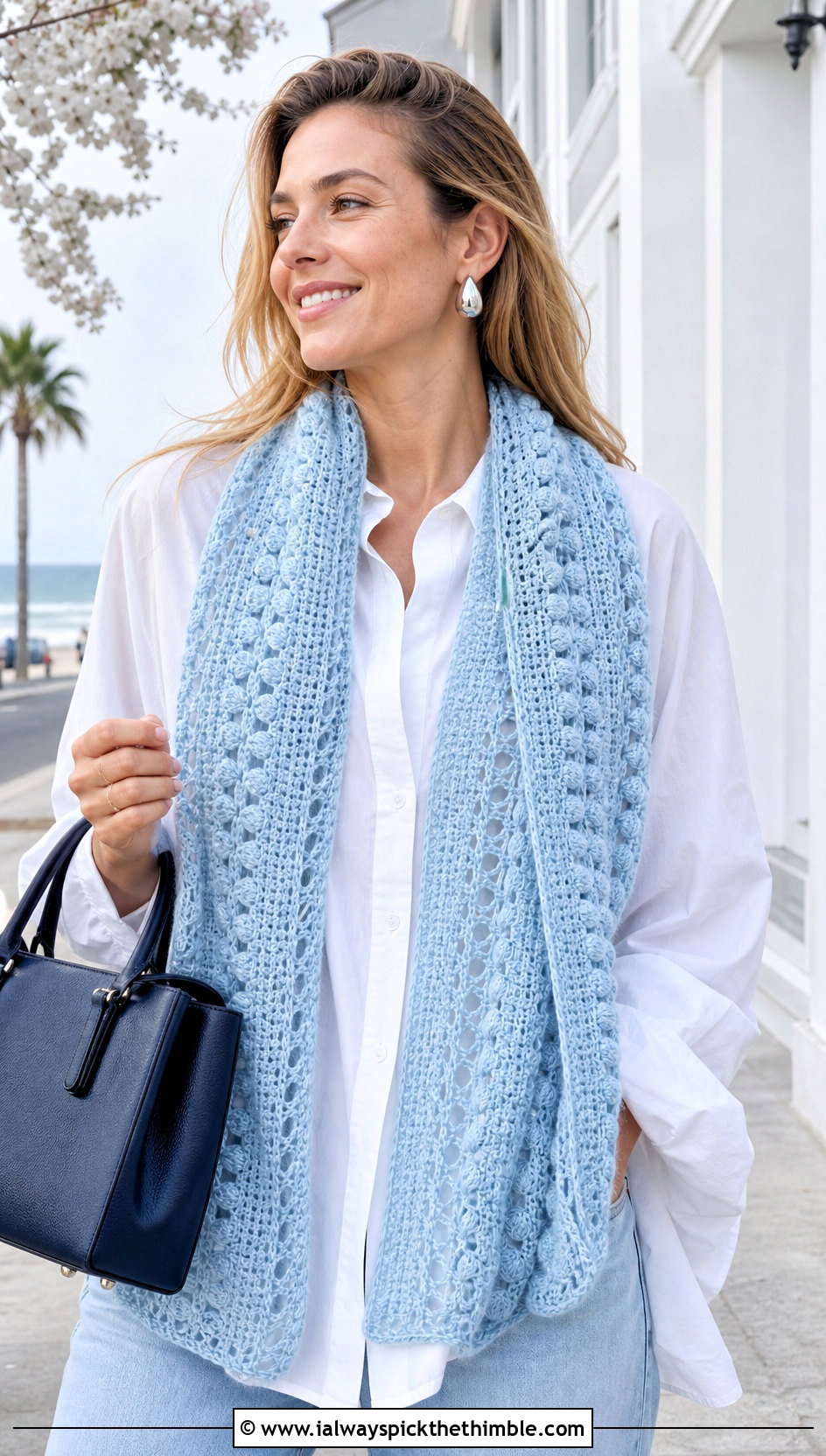 Lacy Puff Scarf With White Shirt And Jeans - 15 Playful Puffs Crochet Scarf outfit ideas