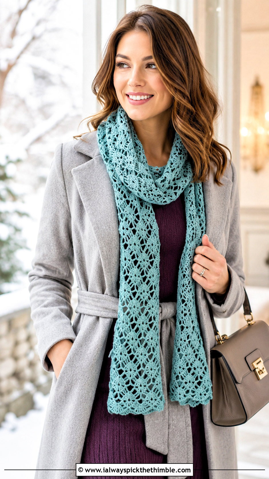 Lacy Shell Crochet Scarf With Sweater Dress - 25 crochet winter scarf outfit ideas