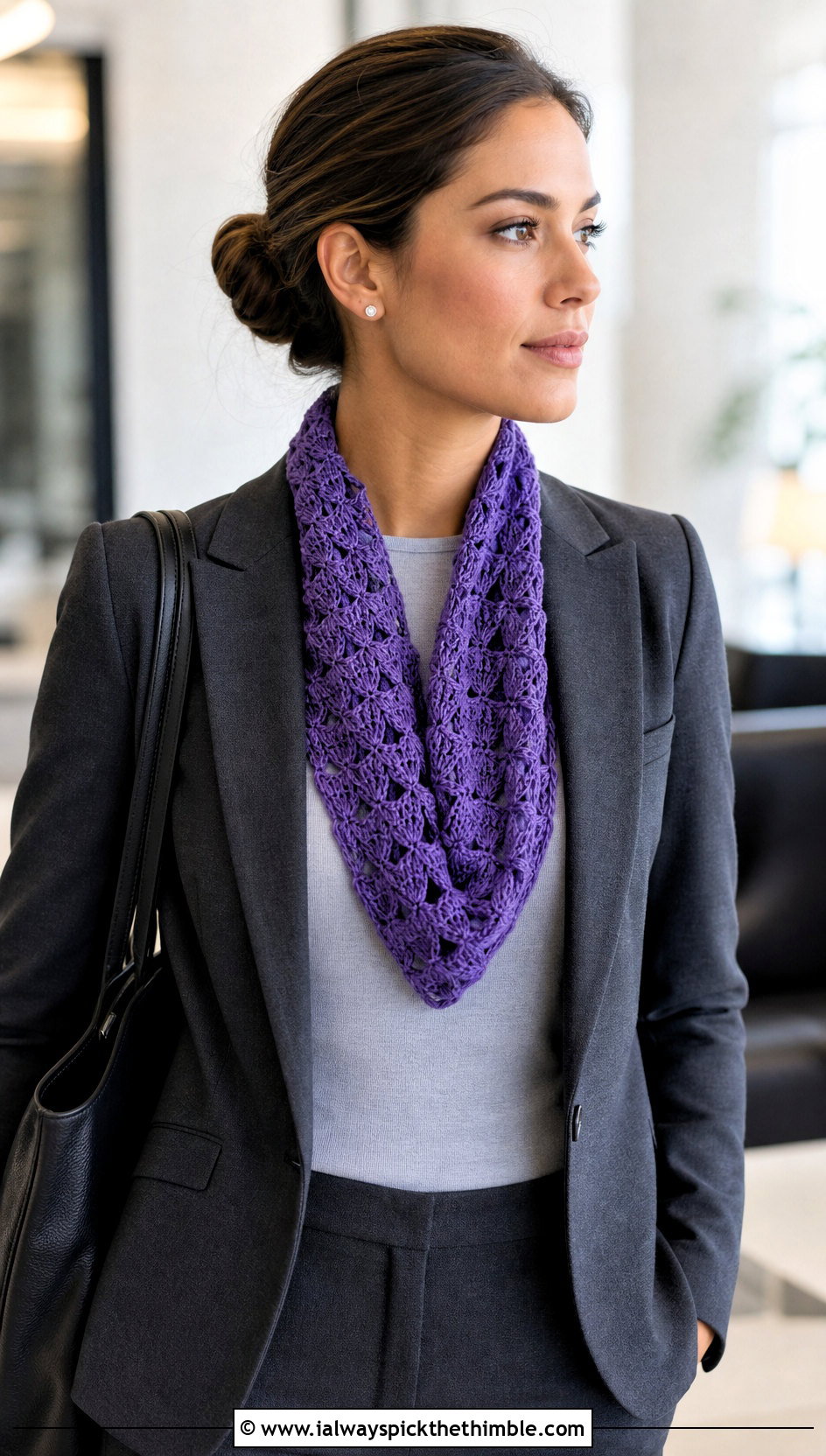 Lacy Shell Scarf With Blazer And Trousers - 20 crochet shell scarf outfit ideas