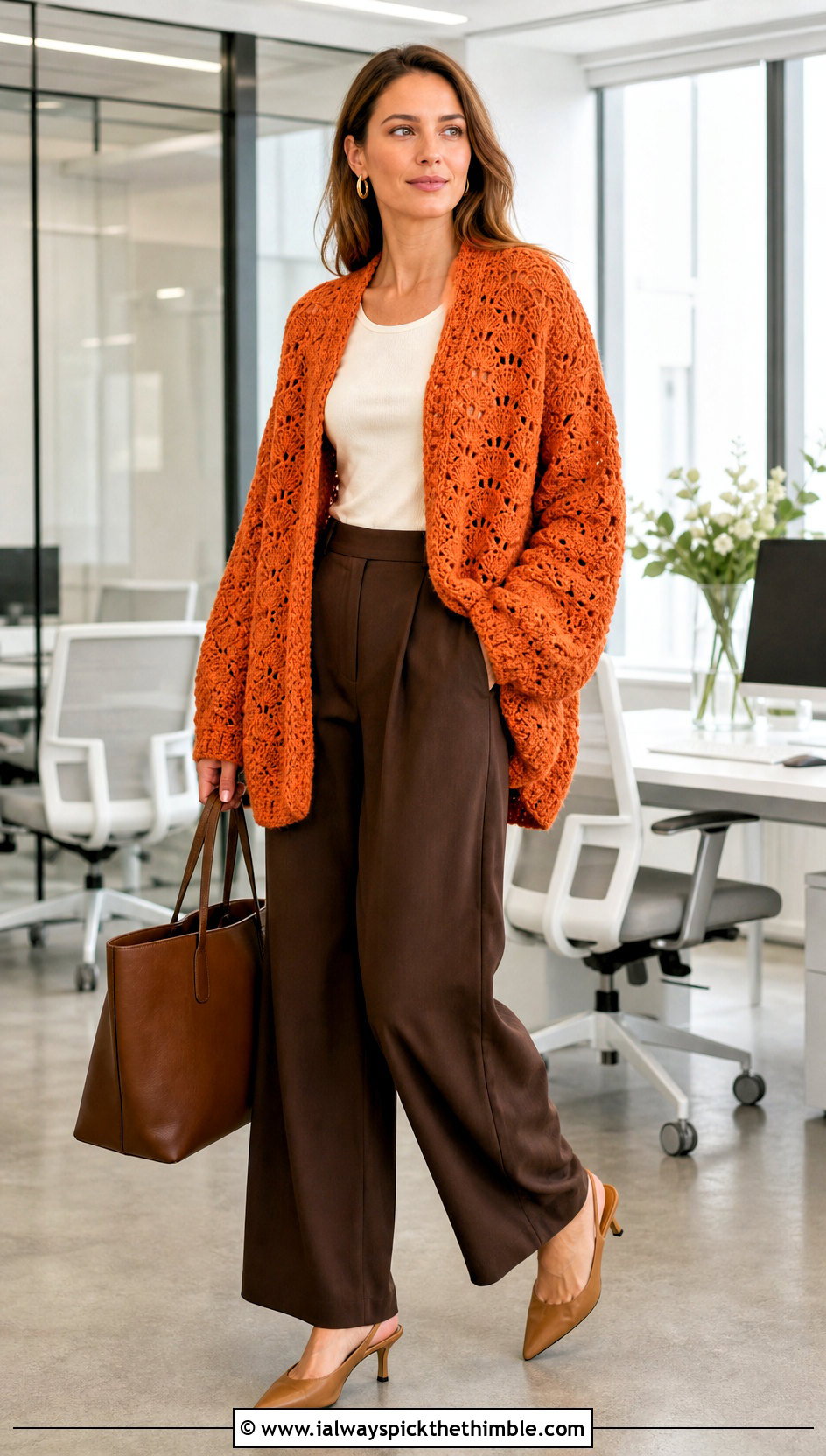 Lacy Shell Stitch Crochet Cocoon Cardigan With Wide Leg Trousers - 15 Easy Crochet Cocoon Cardigan outfit ideas
