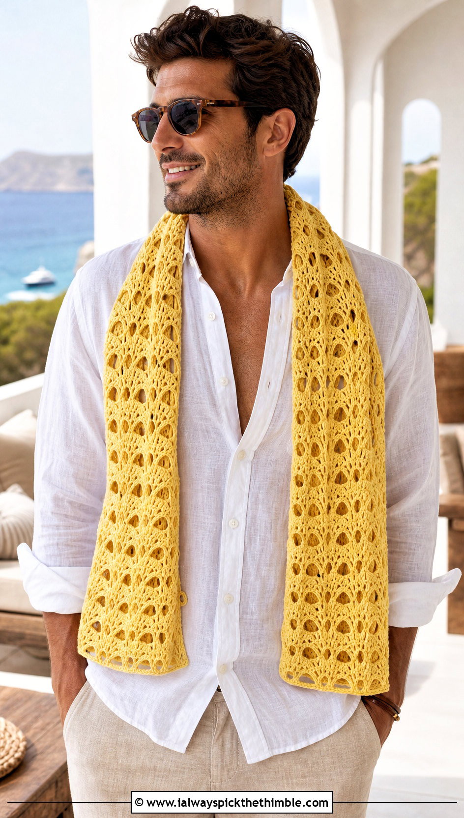 Lacy Split Shell Crochet Scarf With Linen Shirt - 20 male crochet scarf outfit ideas