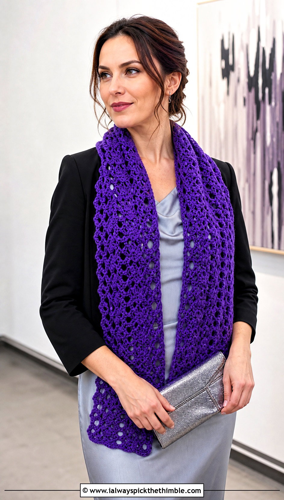 Lacy Split Shell Wool Ease Crochet Scarf With Satin Midi Dress - 15 wool ease crochet scarf outfit ideas