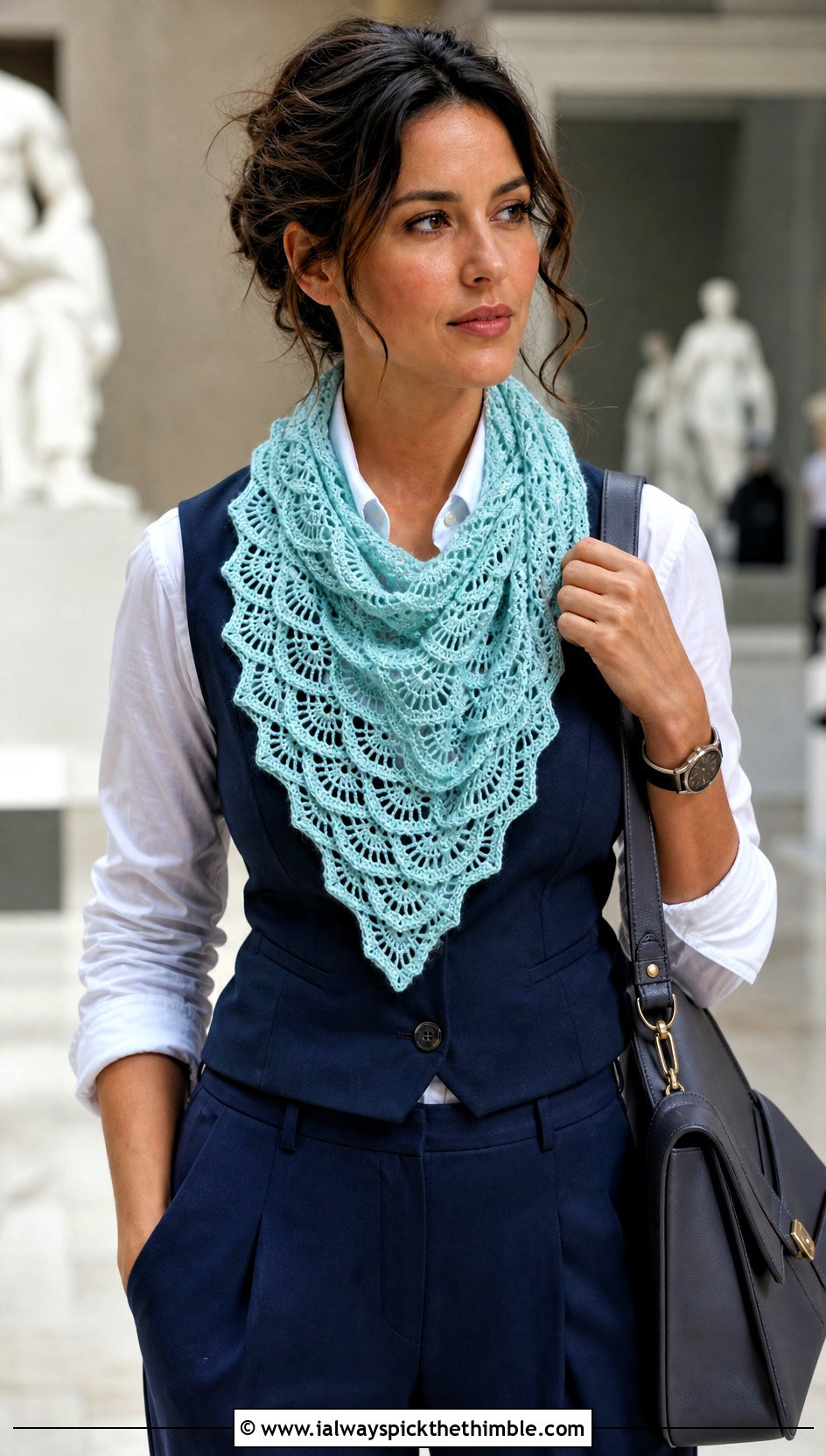 Lacy Wave Triangle Crochet Scarf With Vest and Pleated Trousers - 20 wavy crochet scarf outfit ideas