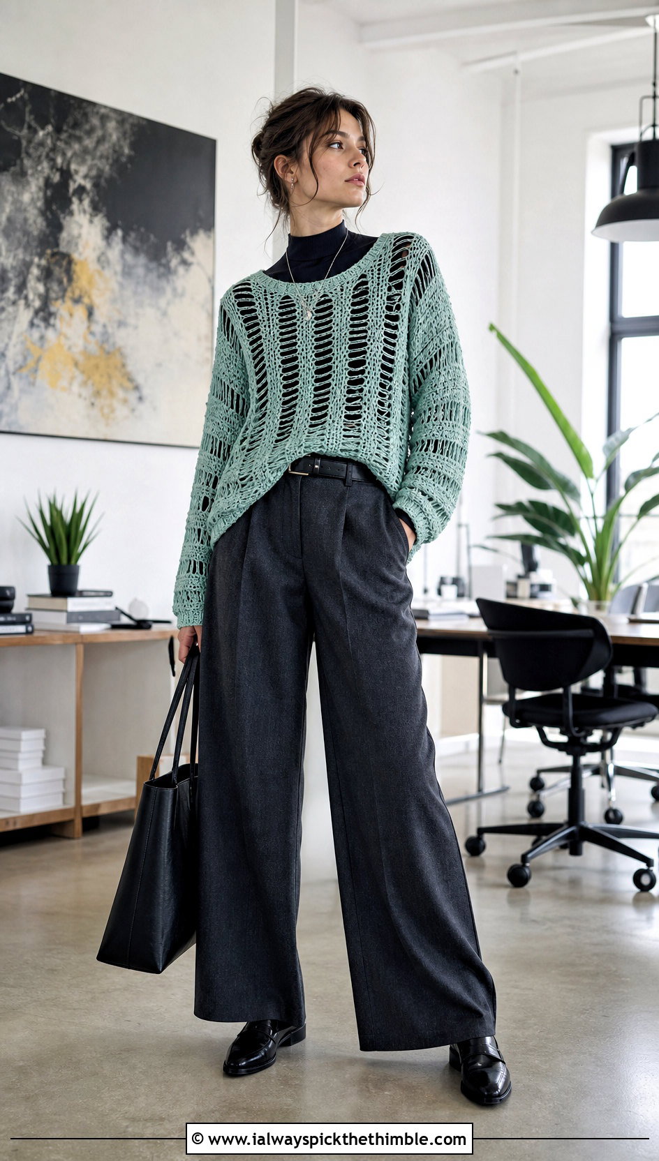Ladder Stitch Crochet Grunge Sweater With Tailored Trousers - 20 crochet grunge sweater outfit ideas