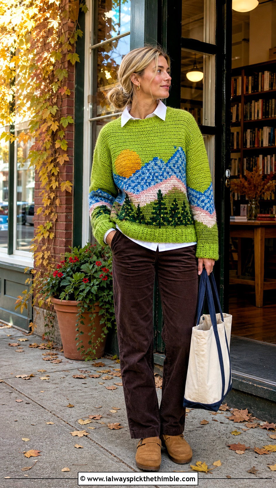 Landscape Crochet Graph Sweater With Corduroy Pants - 20 crochet graph sweater outfit ideas