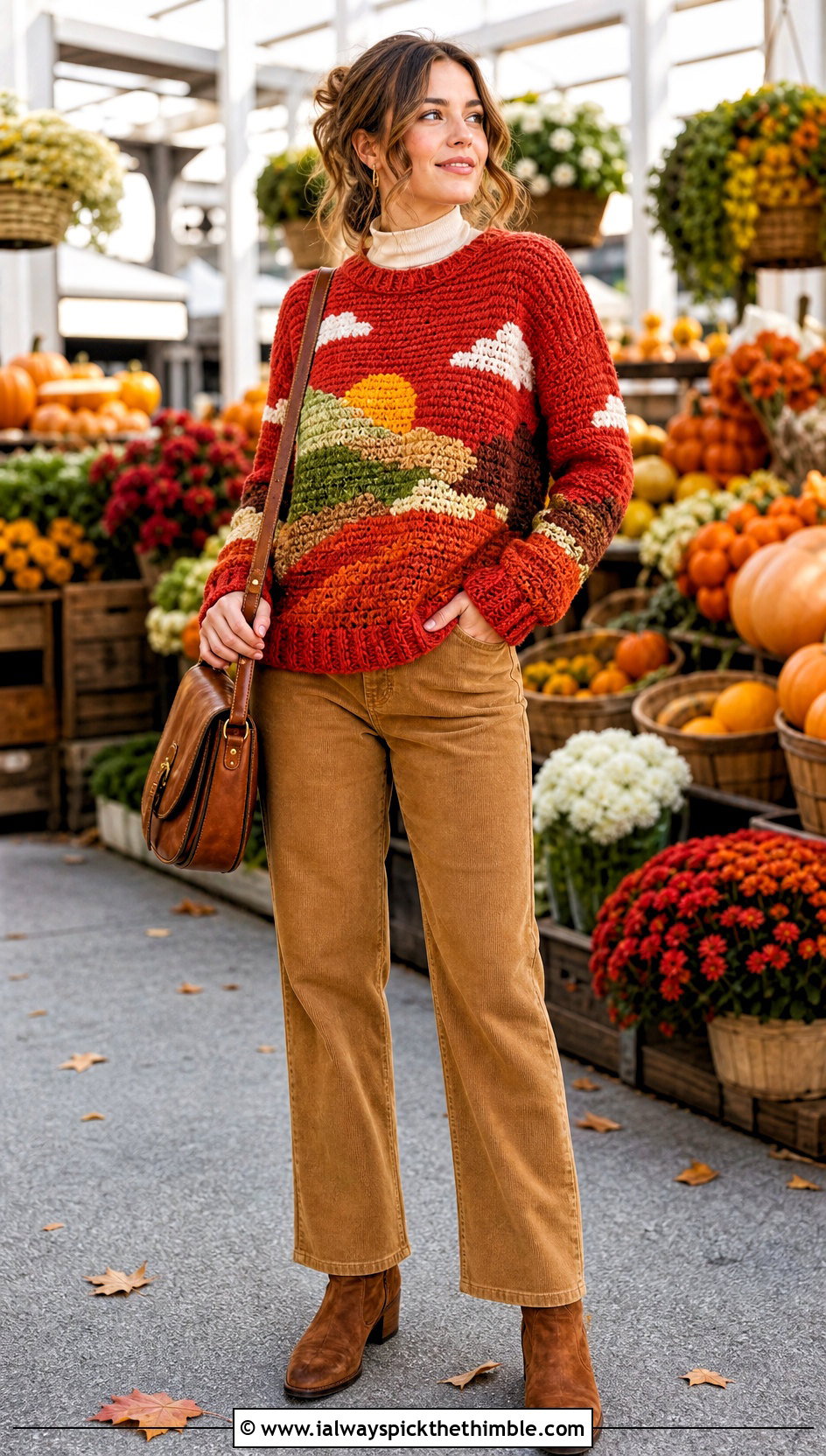 Landscape Motif Freeform Crochet Sweater With Corduroy Pants - 20 freeform crochet sweater outfit ideas