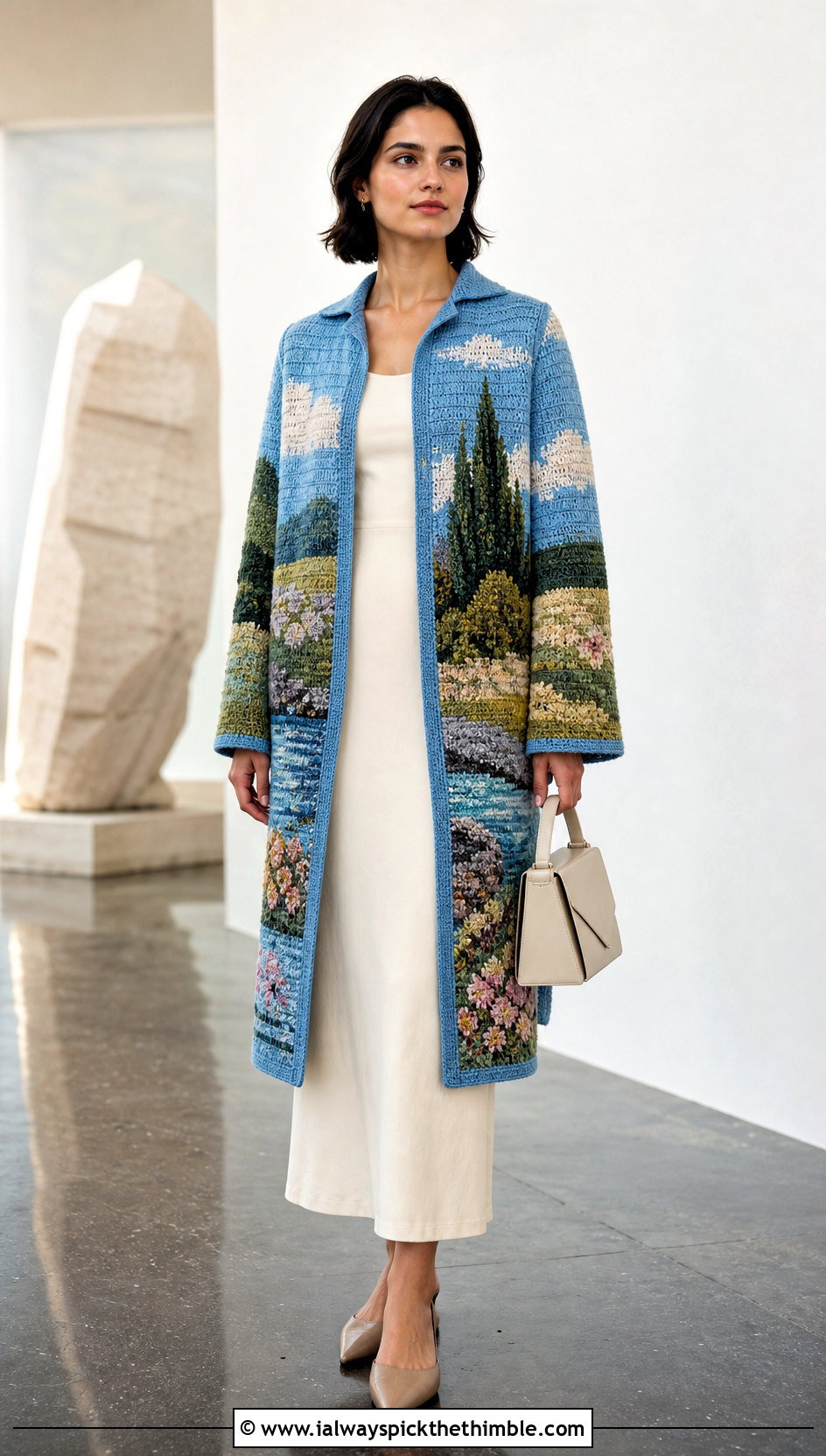 Landscape Tapestry Crochet Jacket With Column Dress - 20 crochet tapestry clothes and outfit ideas