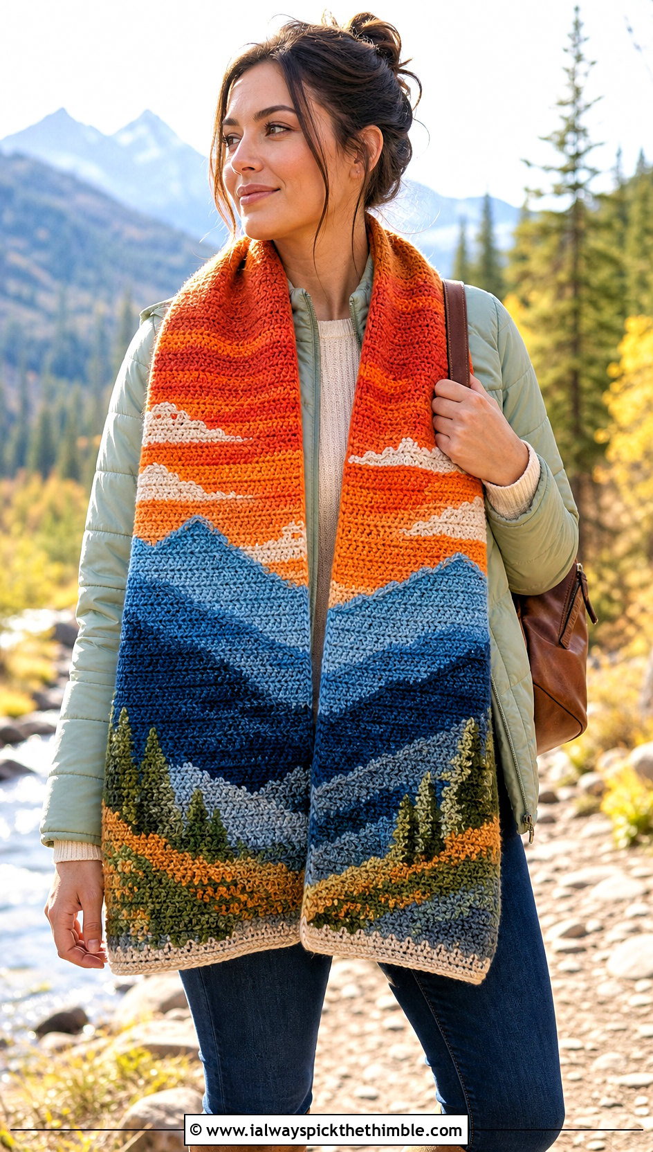 Landscape Tapestry Crochet Scarf With Quilted Jacket - 25 tapestry crochet scarf outfit ideas