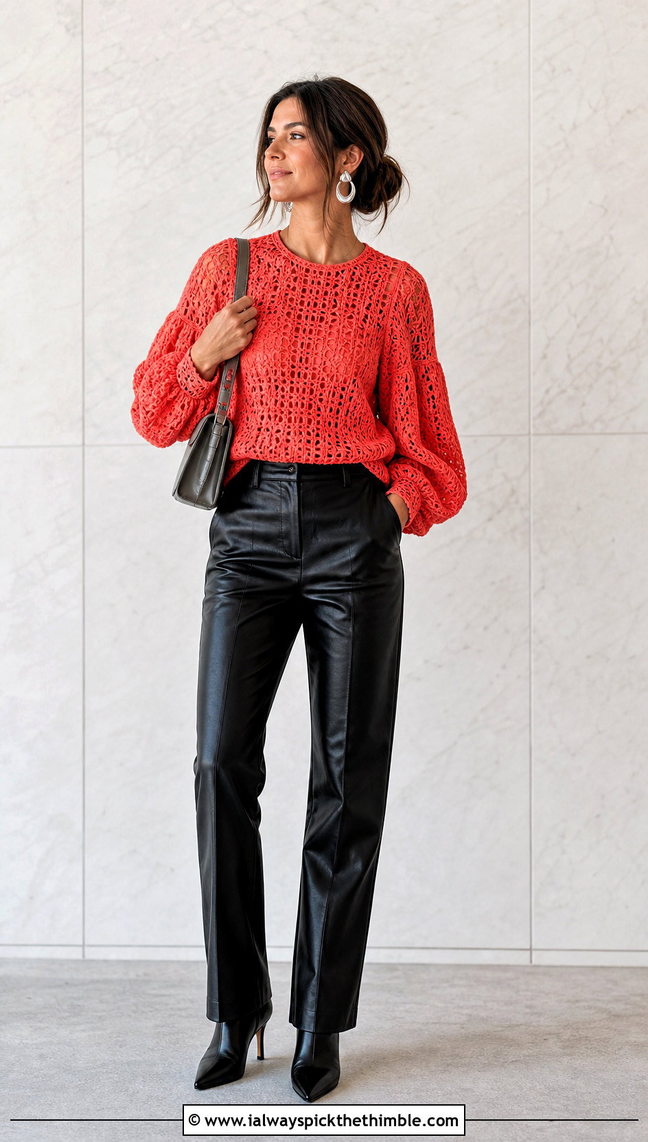 Lantern Sleeve Crochet Top With Leather Pants - 25 crochet top sleeves outfit ideas