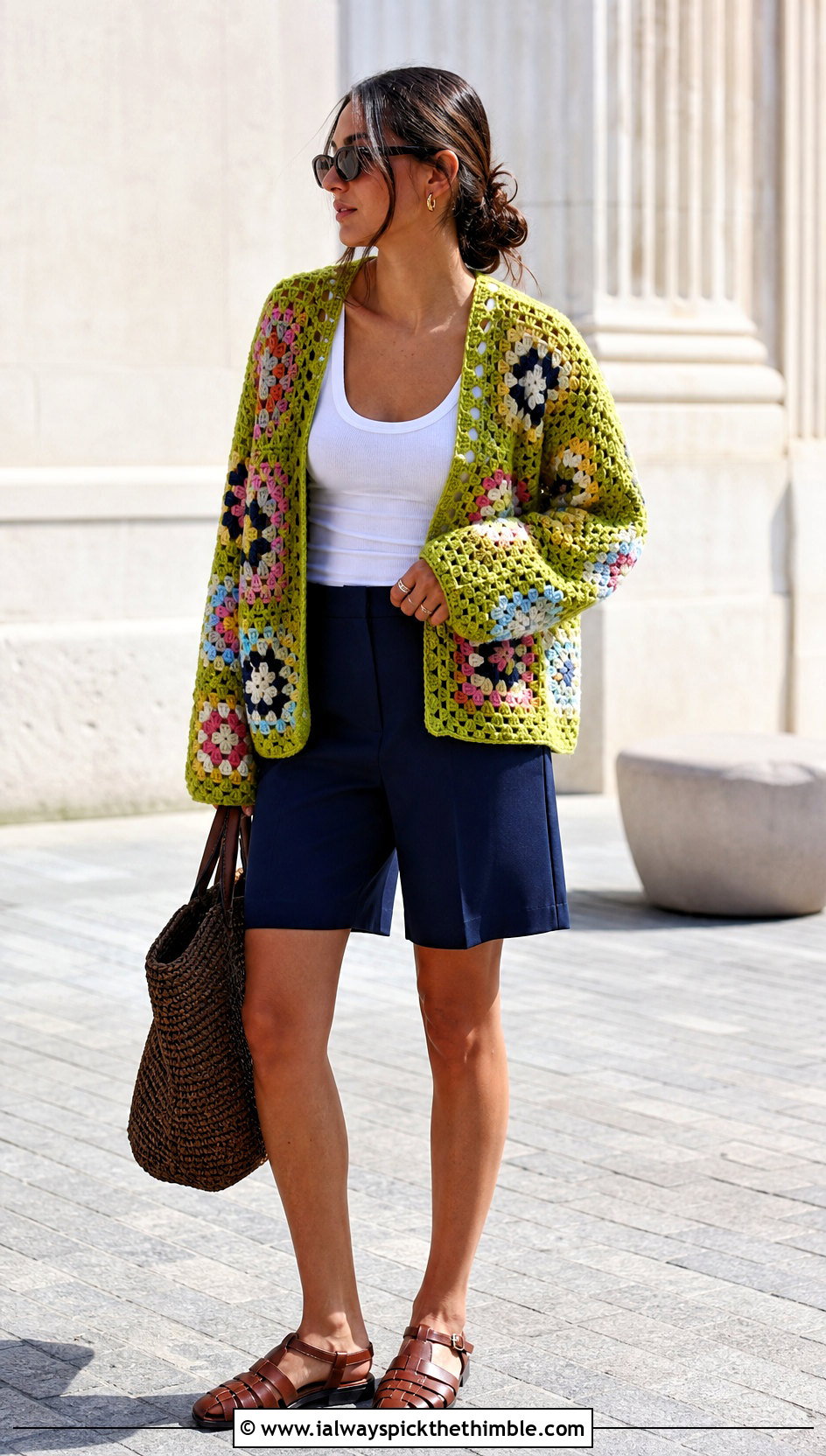 Large Granny Square Oversized Patchwork Crochet Cardigan With Bermuda Shorts - 15 oversized patchwork crochet cardigan outfit ideas
