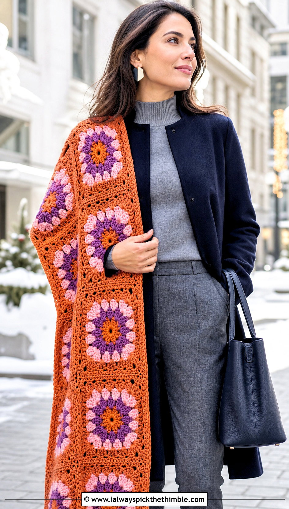 Large Motif Granny Scarf With Minimal Coat And Trousers - 25 granny crochet scarf outfit ideas