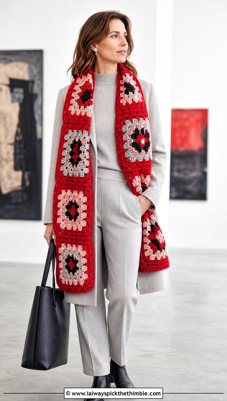 Large Motif Granny Square Scarf With Minimal Coat And Trousers - 25 granny square scarf outfit ideas