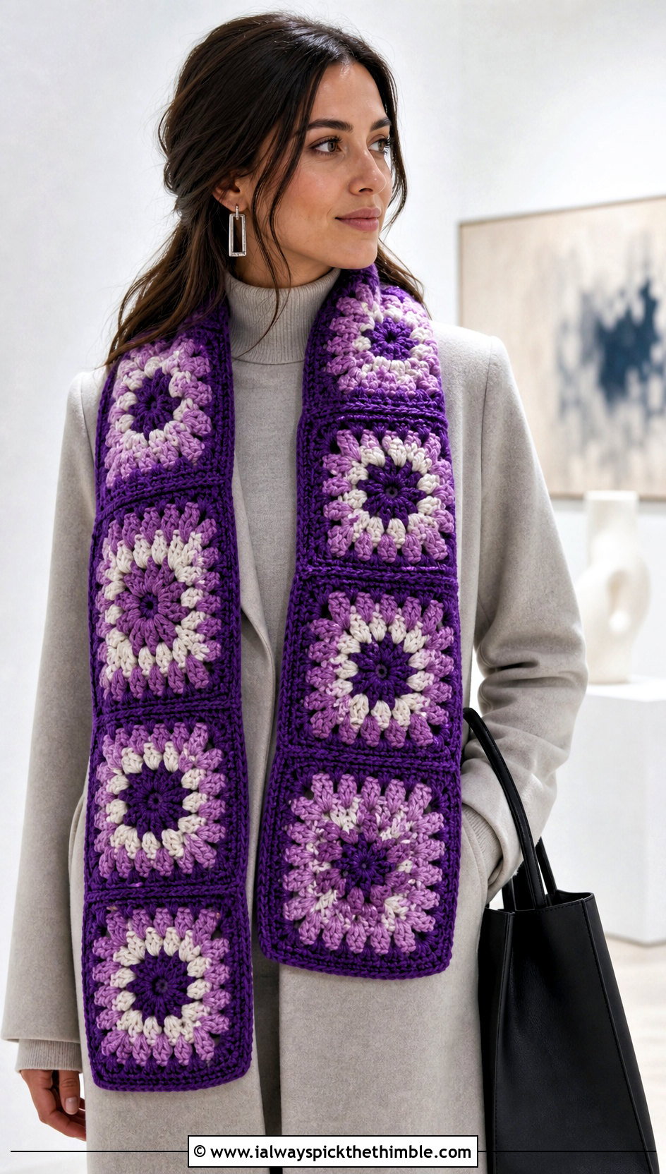 Large Motif Granny Square Scarf With Wool Coat And Trousers - 20 granny square scarves outfit ideas