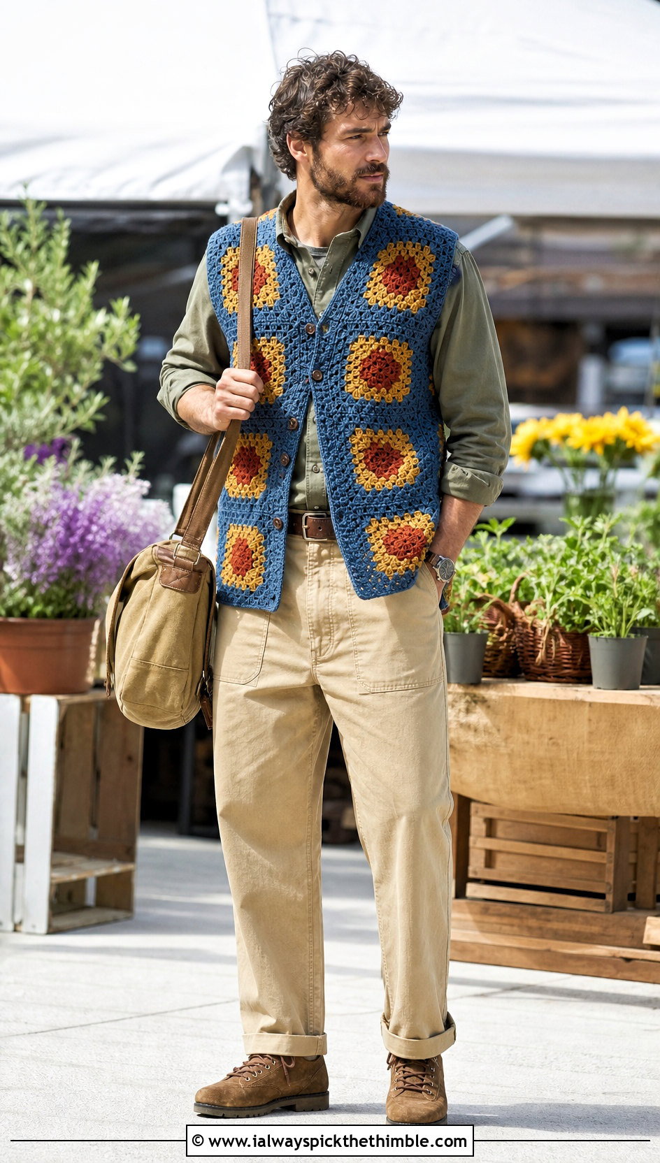 Large Square Granny Square Vest With Utility Shirt And Fatigue Pants - 20 crochet granny square mens vest outfit ideas