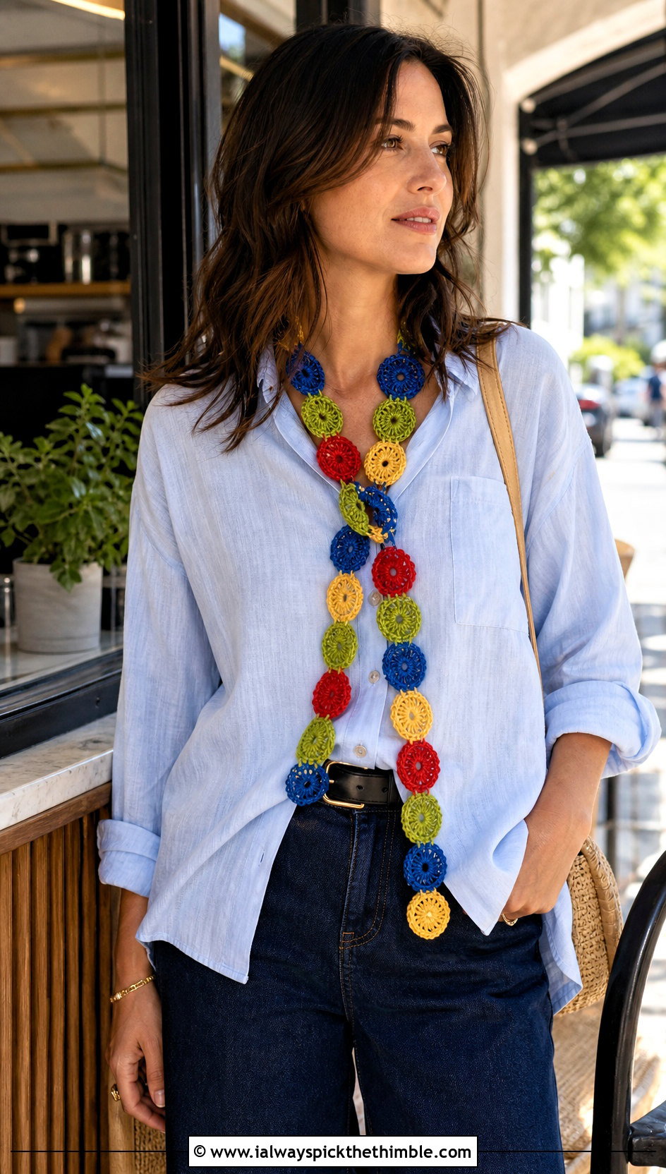 Lariat Circle Crochet Scarf With Button Down And Wide Leg Jeans - 15 crochet scarf with colorful circles outfit ideas