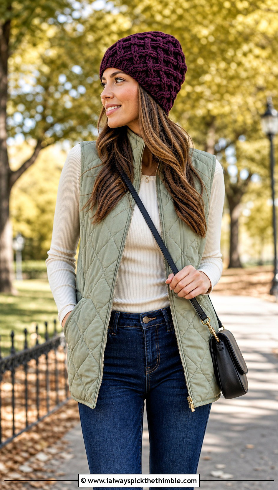 Lattice Cable Crochet Beanie With Quilted Vest And Flared Jeans - 20 crochet cable beanie outfit ideas