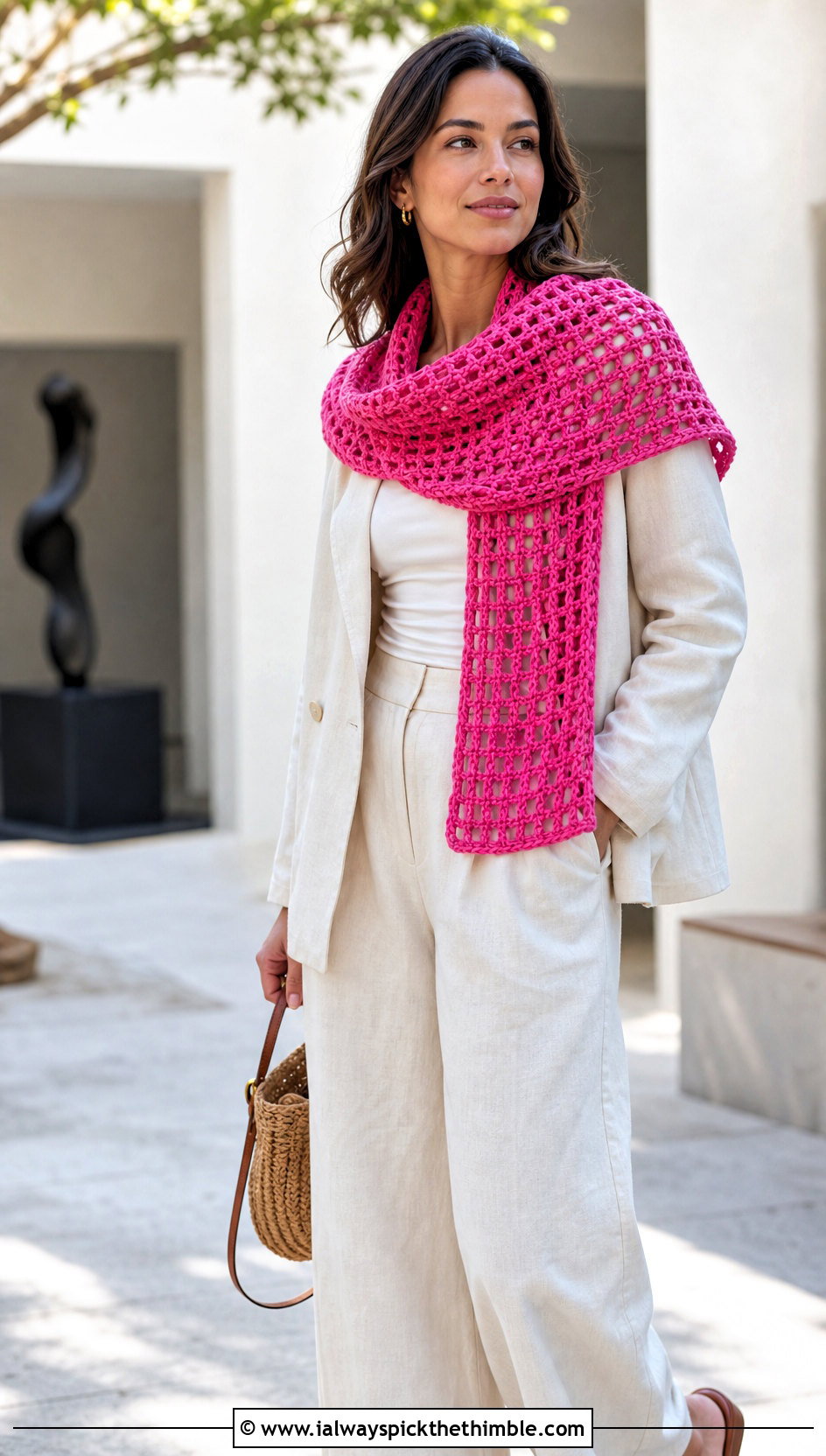 Lattice Crochet Scarf With Linen Suit - 20 Crochet Scarf Worsted Weight Yarn outfit ideas