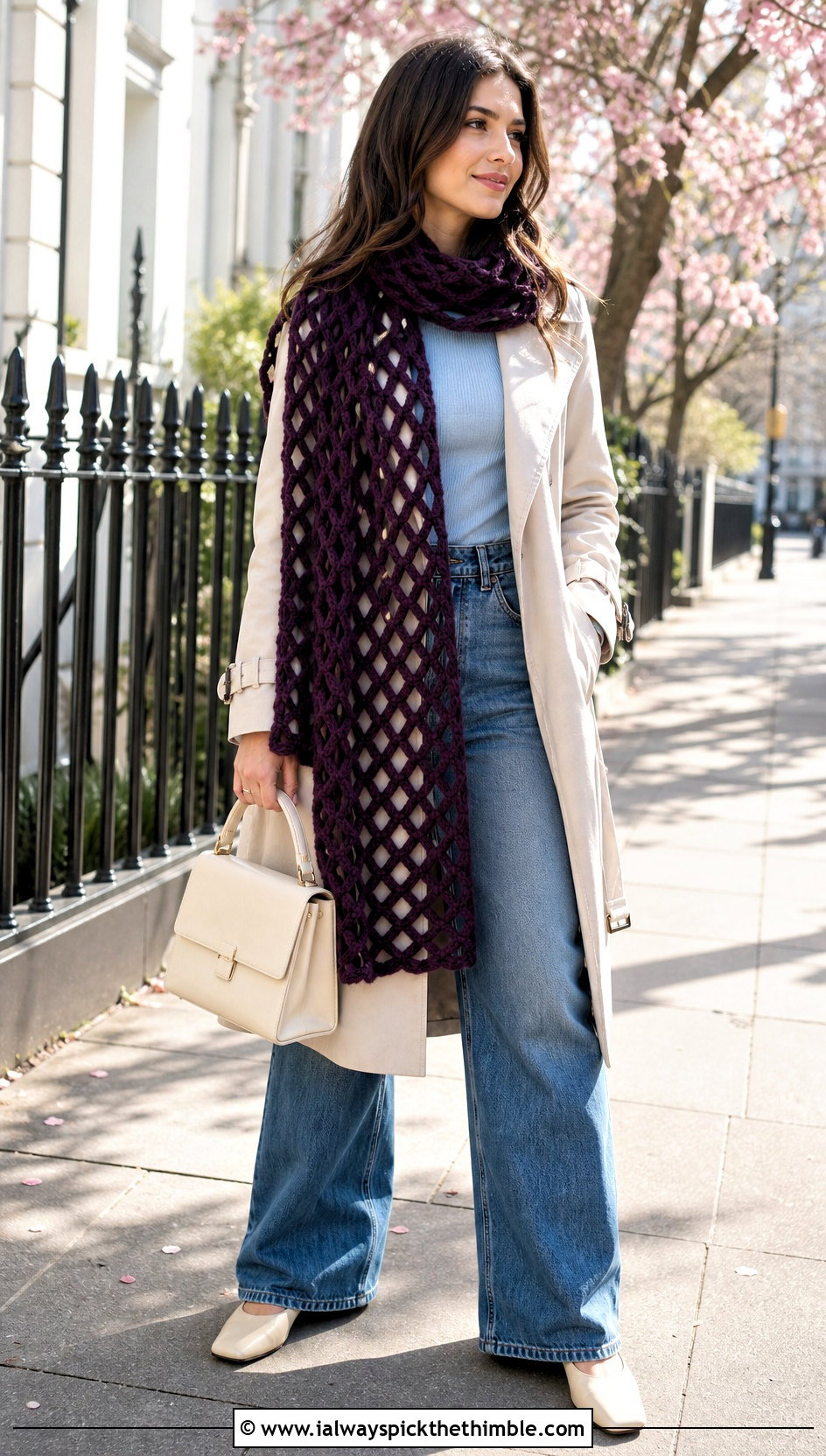 Lattice Crochet Wrap Scarf With Trench Coat - 15 openwork crochet scarf outfit ideas