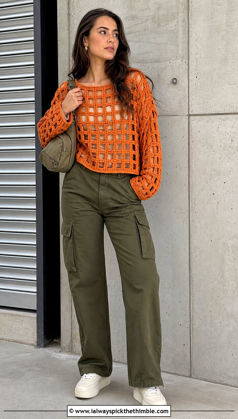 Lattice Grid Crochet Sweater With Cargo Pants - 15 grid crochet sweater design outfit ideas